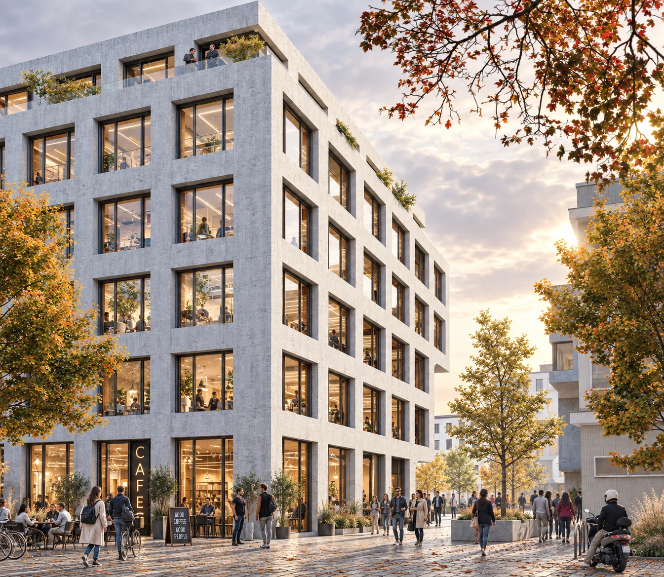 Neubau mit Rasterfassade, Café im Erdgeschoss und belebtem Platz