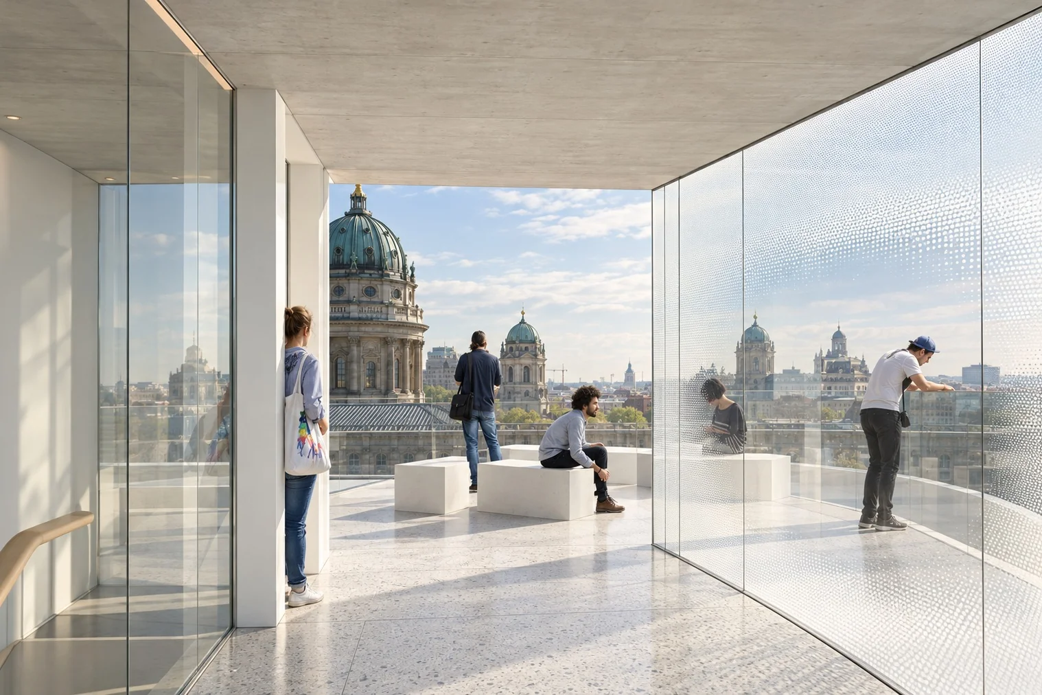 Gläserner Anbau mit Blick auf die Altstadt und Kirchtürme
