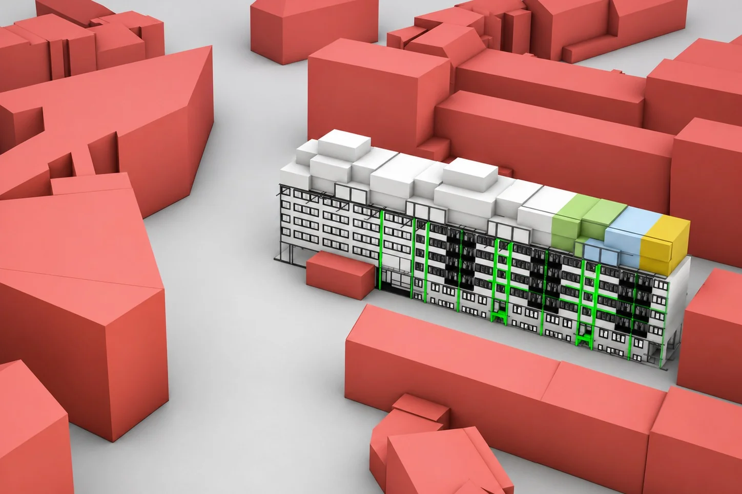 Rotes Architekturmodell eines Quartiers