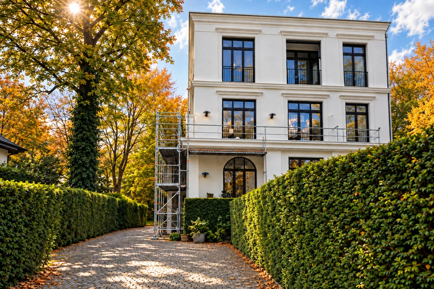 Altbau mit Gerüst im Herbstlicht