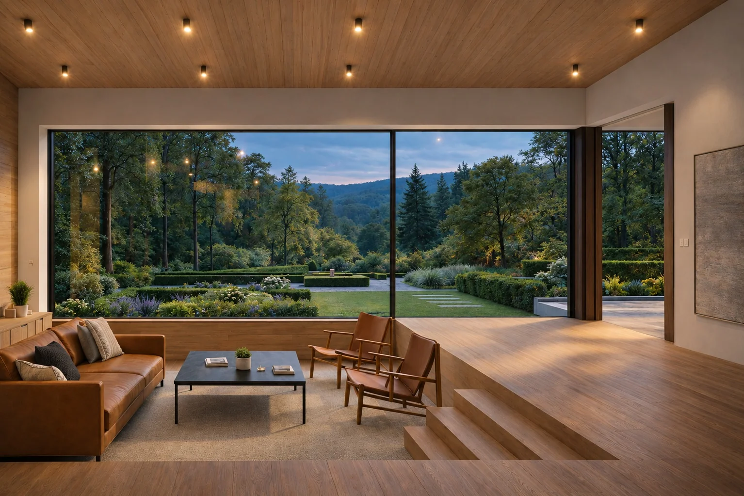 Heller Wohnraum mit Sofa und Panoramafenstern zum Grünen