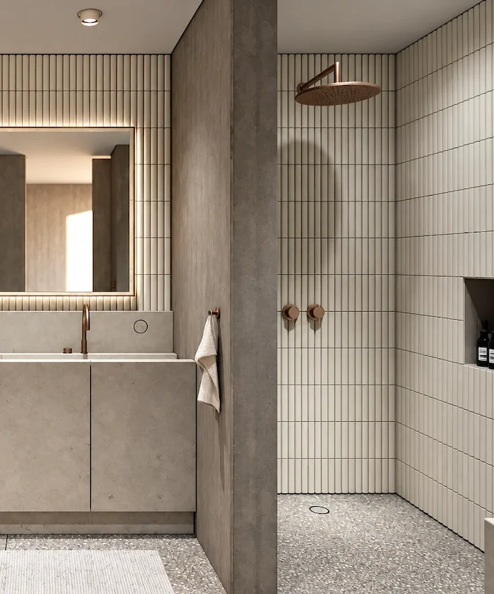 Bad mit Waschtisch und offener Dusche