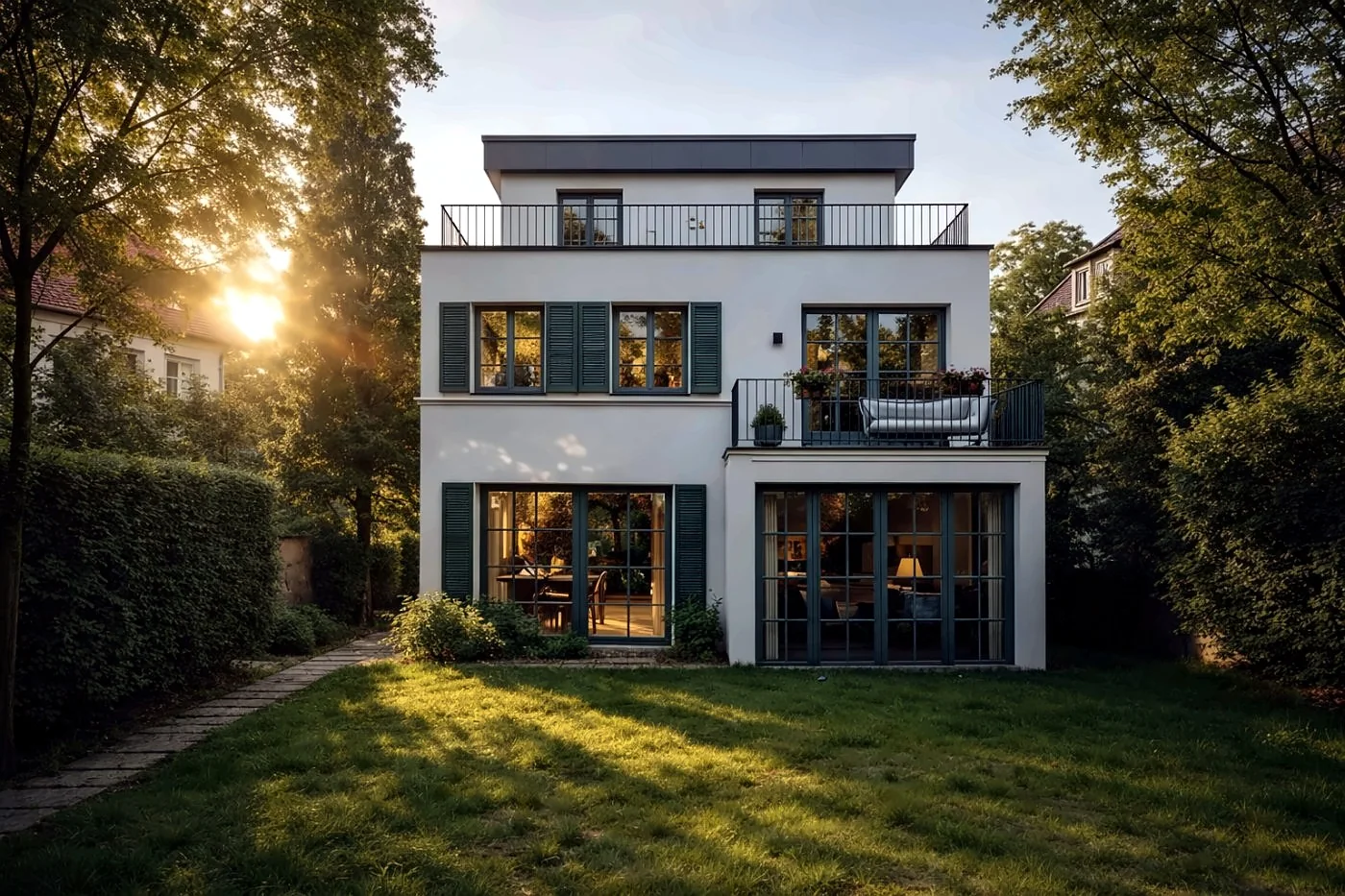 Weißes Einfamilienhaus mit grünen Klappläden in der Abenddämmerung