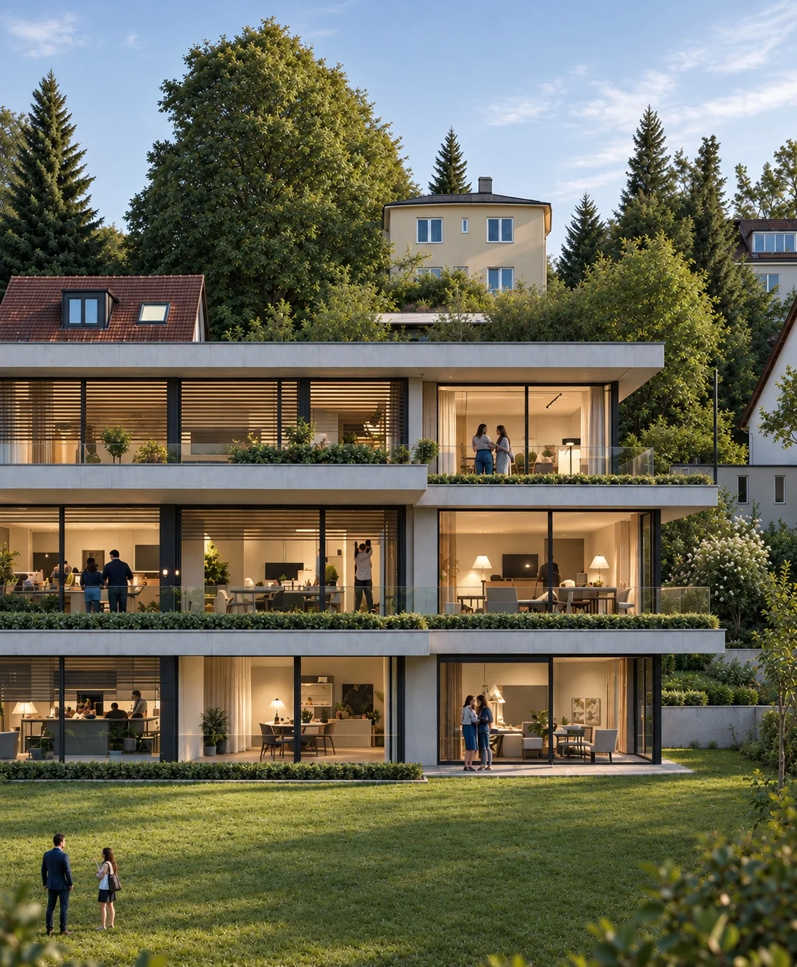 Mehrfamilienhaus mit Terrassen und Bewohnern im Abendlicht