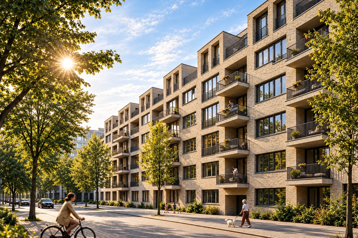Neubau-Wohnblock an einer Straße mit Bäumen